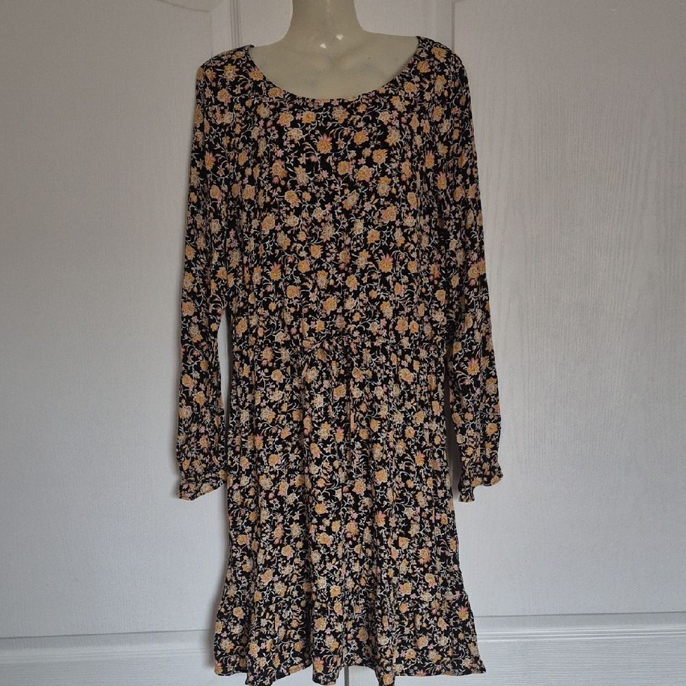 LOFT Black and Yellow Floral Long Sleeve Dress